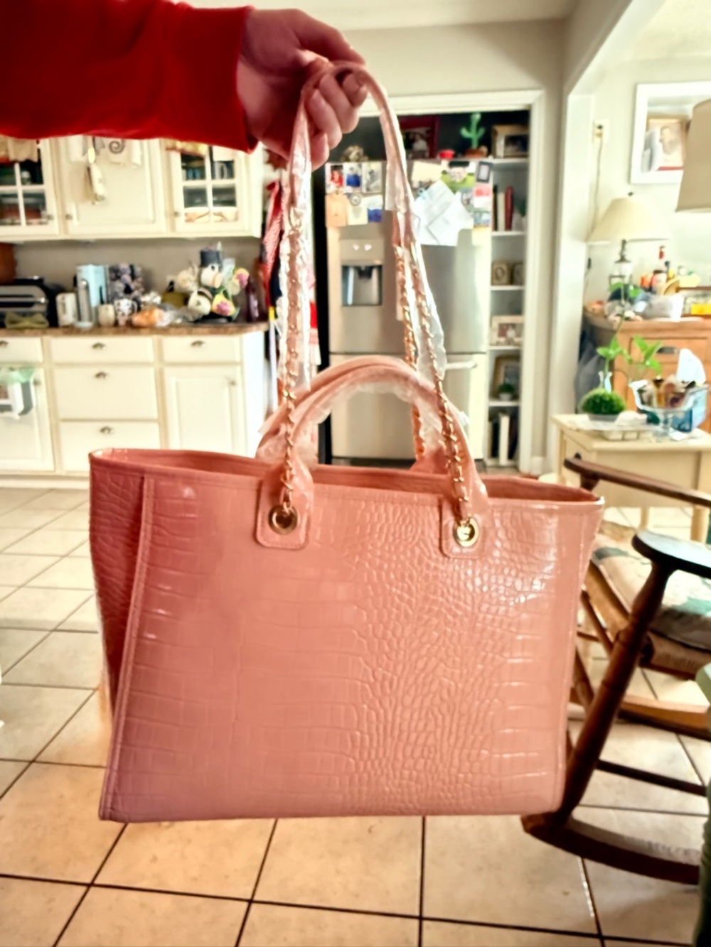 Croc-Embossed Pink Tote with Chain-Trim Handles
